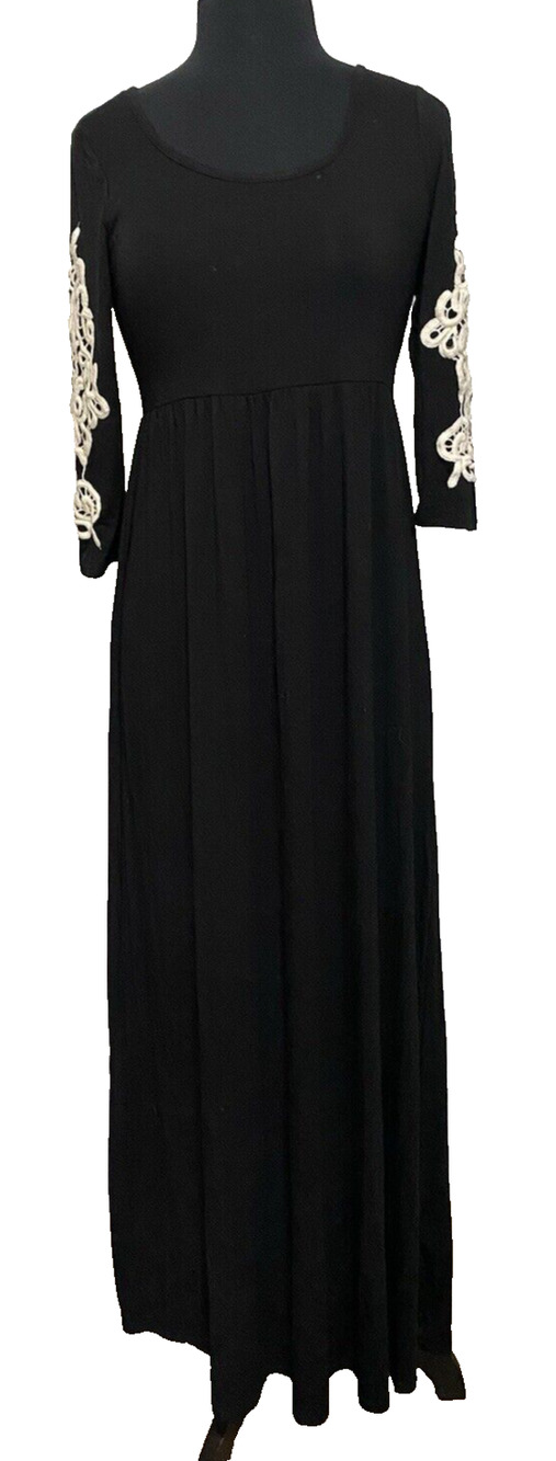 Beeson River Dark Whimsigoth Maxi Dress Size Medium Black Knit Lace Sleeves